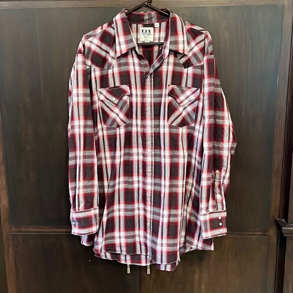 Ely Cattleman Burgundy Plaid Pearl Snap Shirt 2X